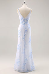 Blaues Geblümtes Gerafftes Chiffon Brautjungfernkleid mit Schlitz